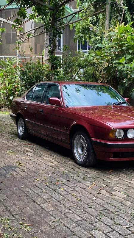 Maroon E34 front three-quarter in the garden yard, wider view