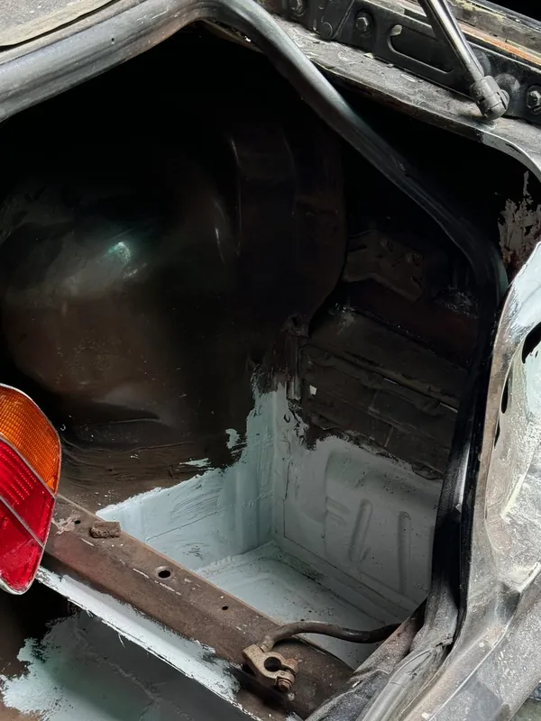 E36 boot floor and rear lamp area in fresh primer