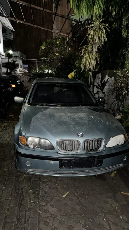 Dusty grey-blue BMW E46 with a bleached bonnet in the garden yard