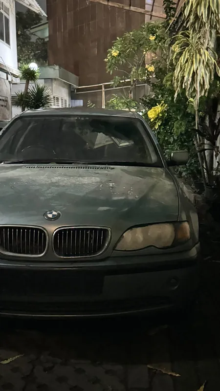Front of the grey-blue E46 with the roundel and kidney grilles