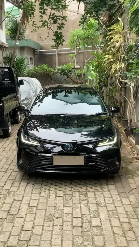 Black Corolla Altis head-on in the yard