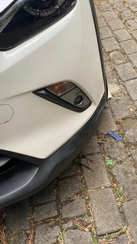 Front bumper corner with a fog lamp surround and a dent